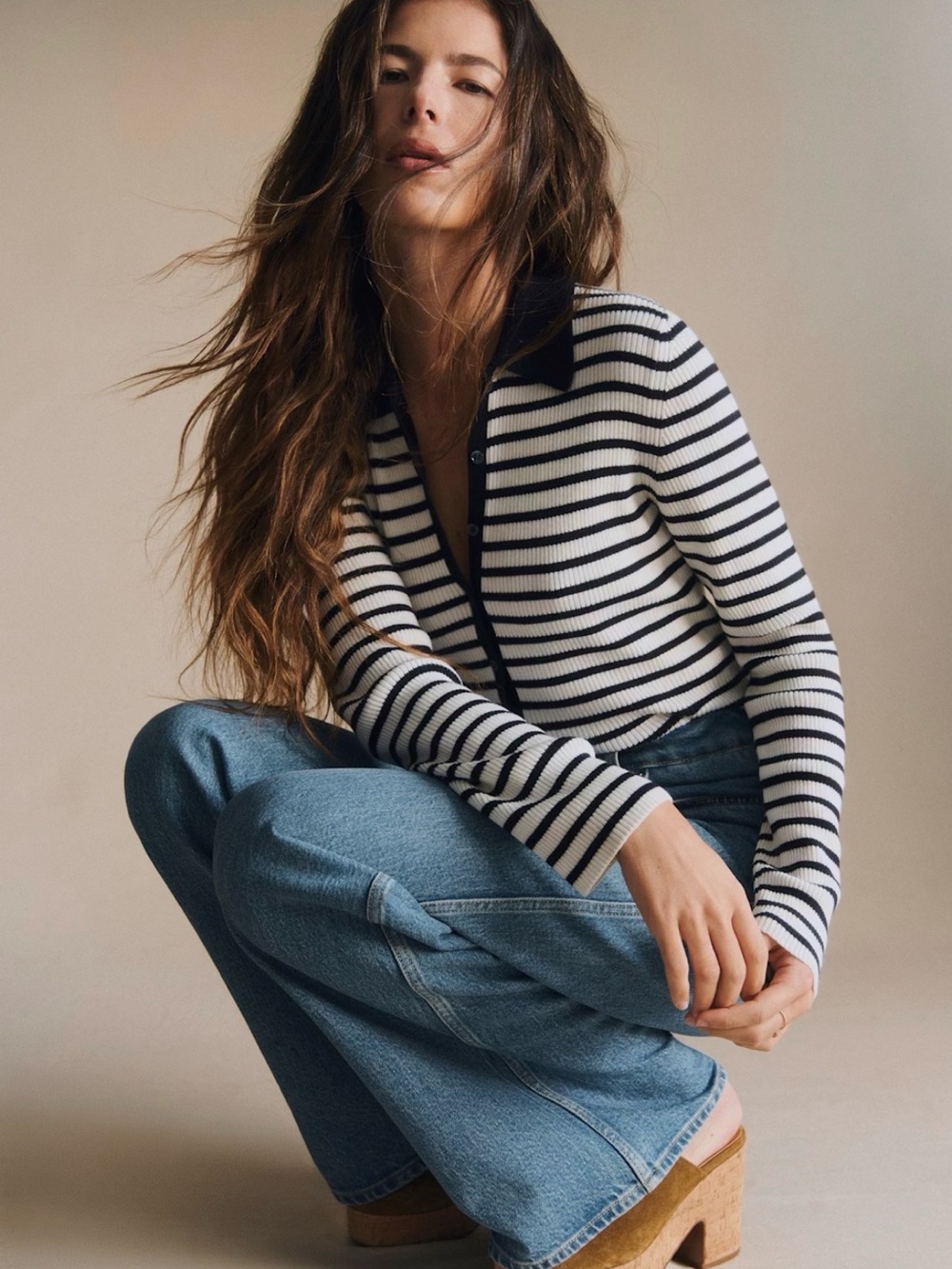 Sézane Drew Cardigan Cream Navy Striped Merino Wool Cotton Size S